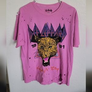 Custom Distressed Def Leppard Pink Graphic Tee